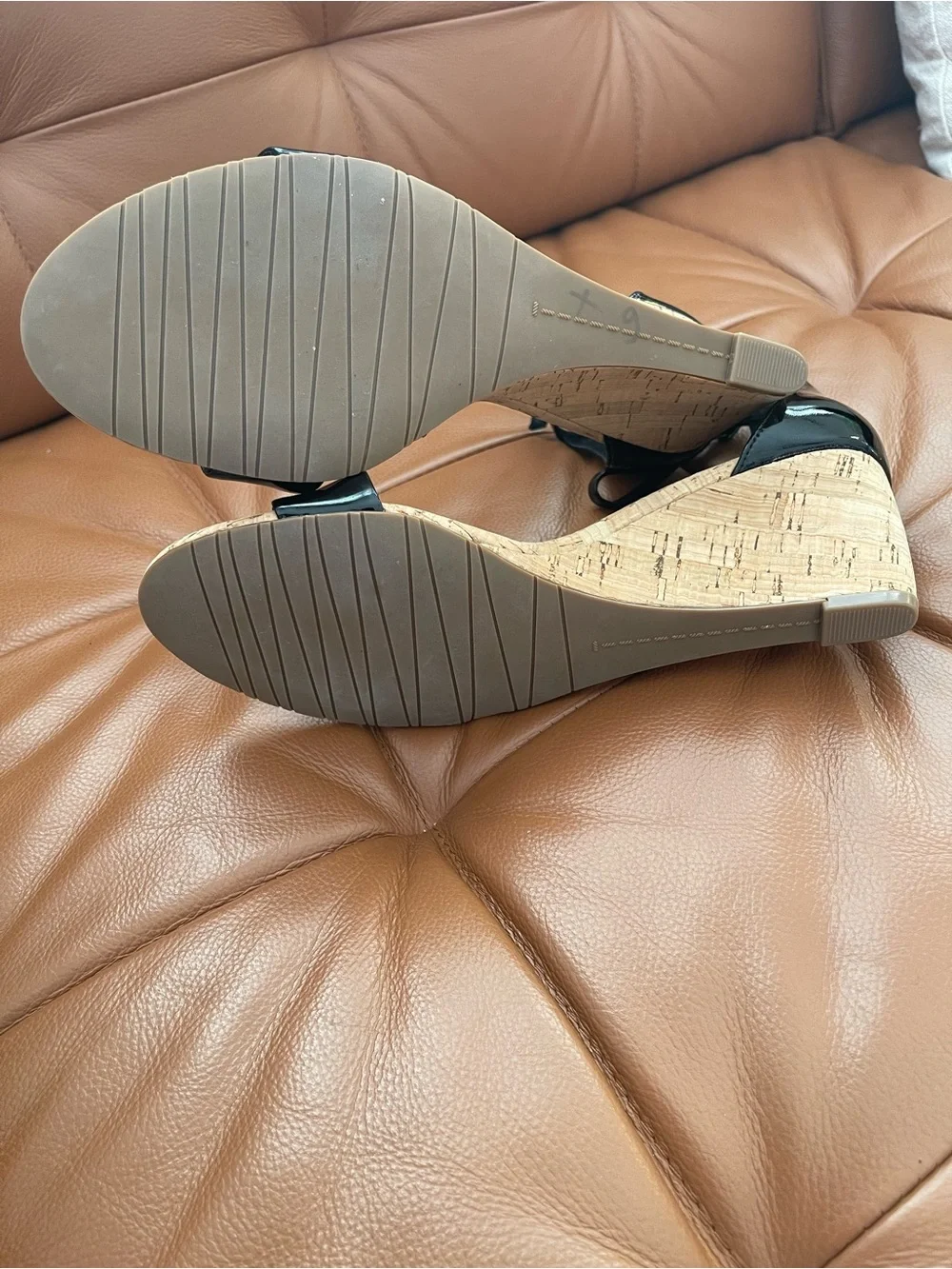 Vaneli Black Patent Cork Wedge Sandals with Ankle Strap women’s size 8